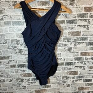 Garnet Hill Womens Navy Blue Ruched Wrap Front One Piece Swimsuit Size 6 46110